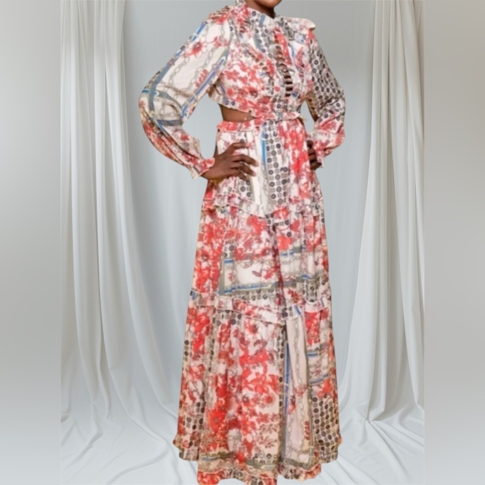 L'ATISTE Vibrant Red and Cream Maxi Dress